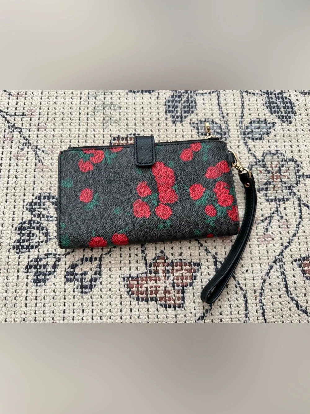 Michael Kors Black Wristlet with Red Rose Print
